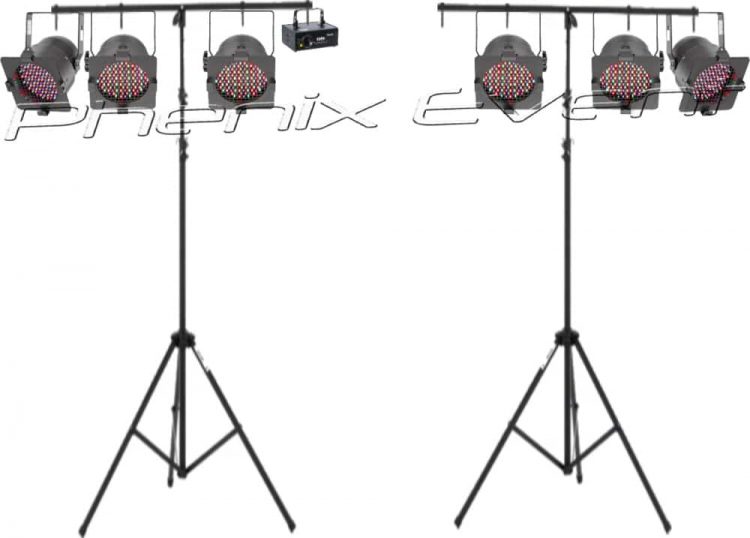 le pack projecteurs 2 se compose de deux trépieds avec sur chacun d'entre eux 3 projecteurs à led et un laser multicolore