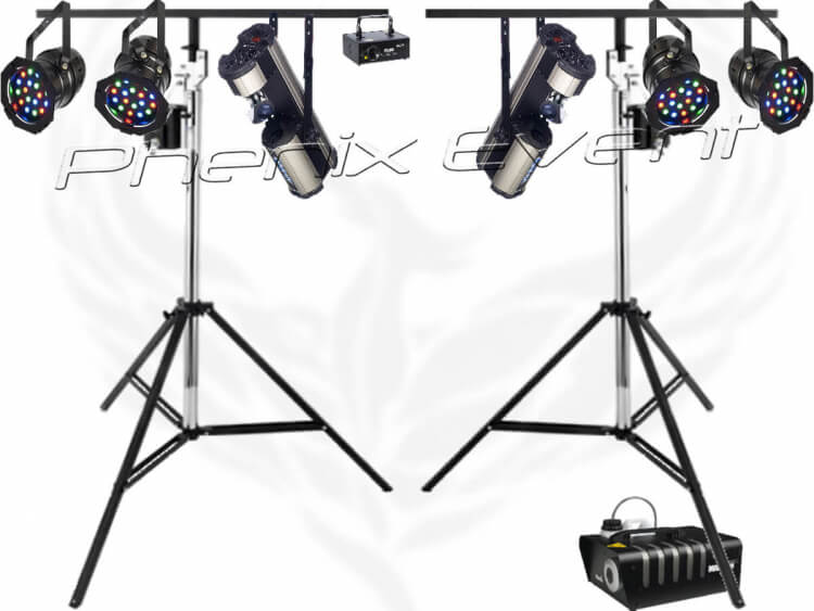 le pack fete 1 est un ensemble de jeux de lumiere professionnel sur deux trepieds à treuil