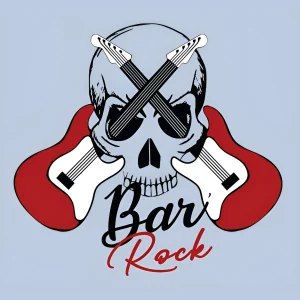logo du Bar Rock de sainte-menehould représenté par deux guitares qui se croisent et traversent les yeux d'un crâne de squelette humain