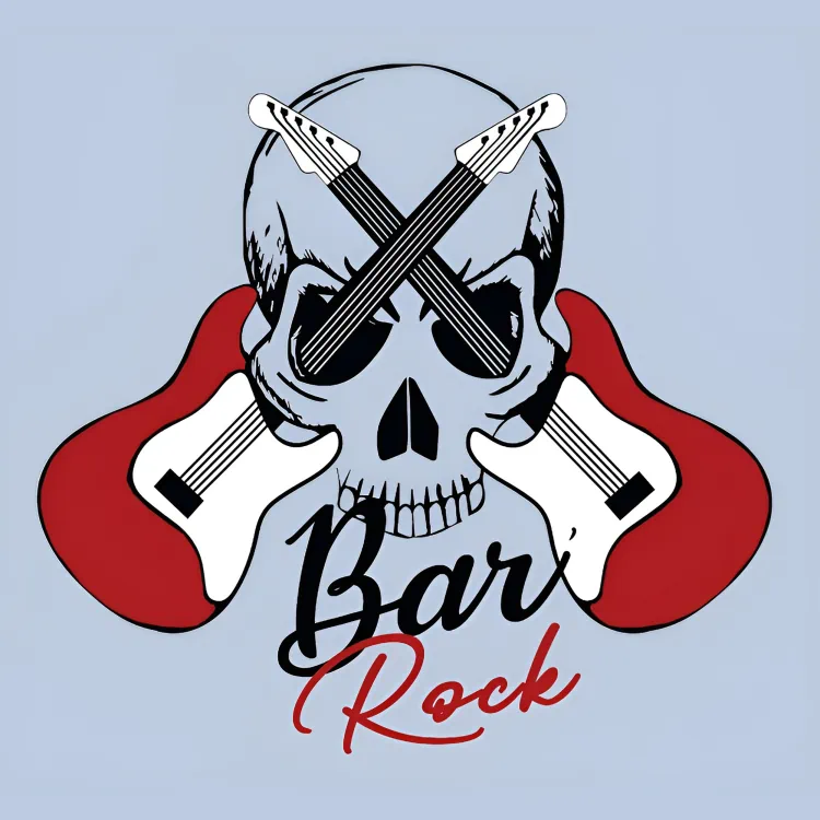 logo du Bar Rock de sainte-menehould représenté par deux guitares qui se croisent et traversent les yeux d'un crâne de squelette humain