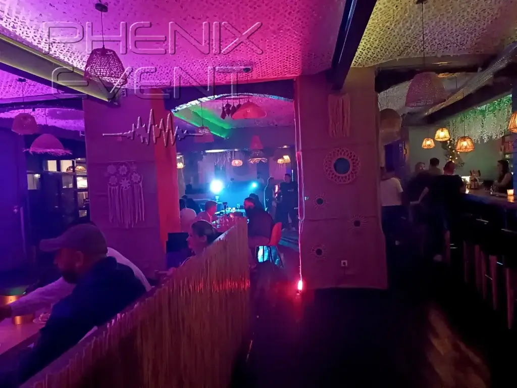 les invités sont attablés devant leurs consommation ainsi qu'au bar et des jeux de lumière éclairent la piste de danse du bambou