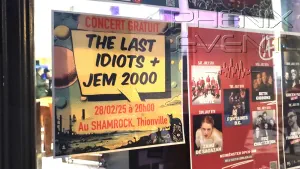 l'affiche du concert des Jem 2000 et des Last Idiots collée sur la vitrine du shamrock pub
