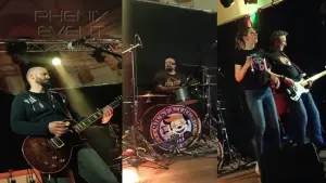 Mickey Trump au moment d'interpréter Still Loving You dans une version raggae. Le guitariste est à gauche, le batteur au centre, la chanteuse et le bassiste à droite de l'image (photo montage)