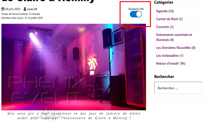 Bouton pour activer la fonte adaptée à la dyslexie sur le site Phenix Event