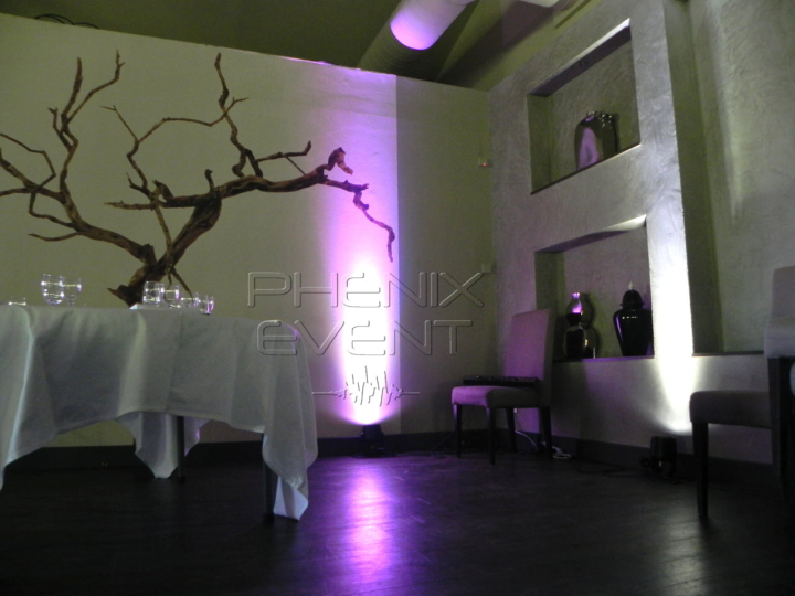 spots type lèche-mur aux lumières rose et violette programmés pour l'ambiance chic de soirée de mariage