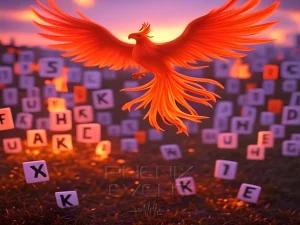 un phenix survole un champ de lettres de l'alphabet