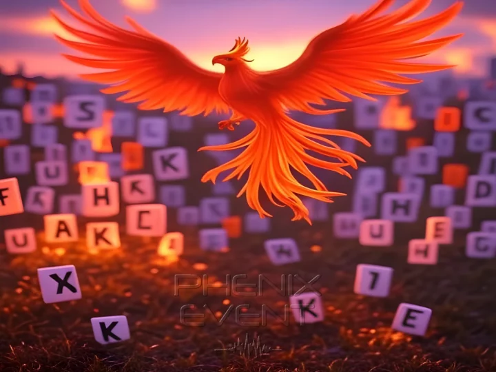 un phenix survole un champ de lettres de l'alphabet