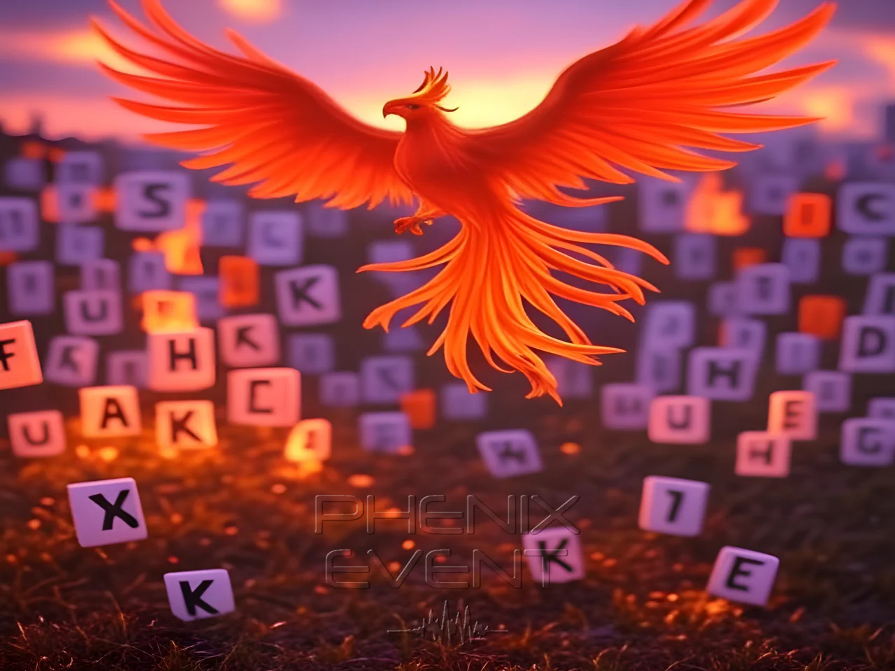 un phenix survole un champ de lettres de l'alphabet