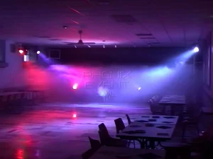 Matériel sono et lumière Phenix Event en location installé dans la salle de Lixing-lès-Saint-Avold pour une fête d'anniversaire
