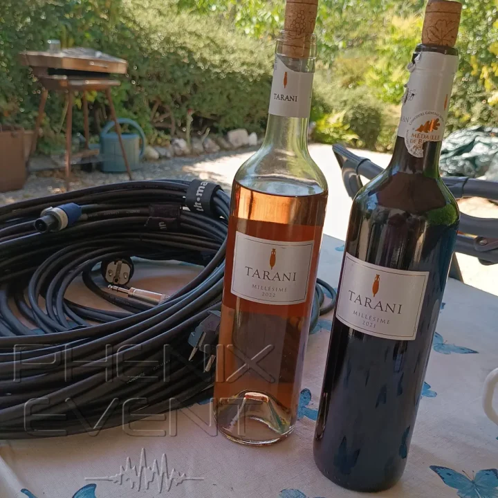 deux bouteilles de vin à côté de câbles speakOn