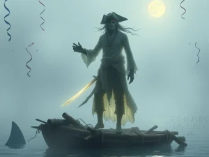 Sous un clair de lune, un pirate à l'allure fantômatique et triste se tient debout sur un radau de fortune. Un aileron de requin sort de l'eau et des cotillon tombe du ciel (photo montage ia)