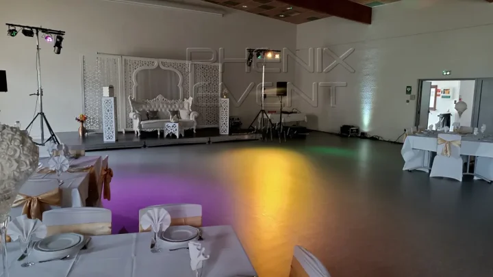 Jeux de lumière du Pack Fête1 éclairant la piste de danse en violet et jaune