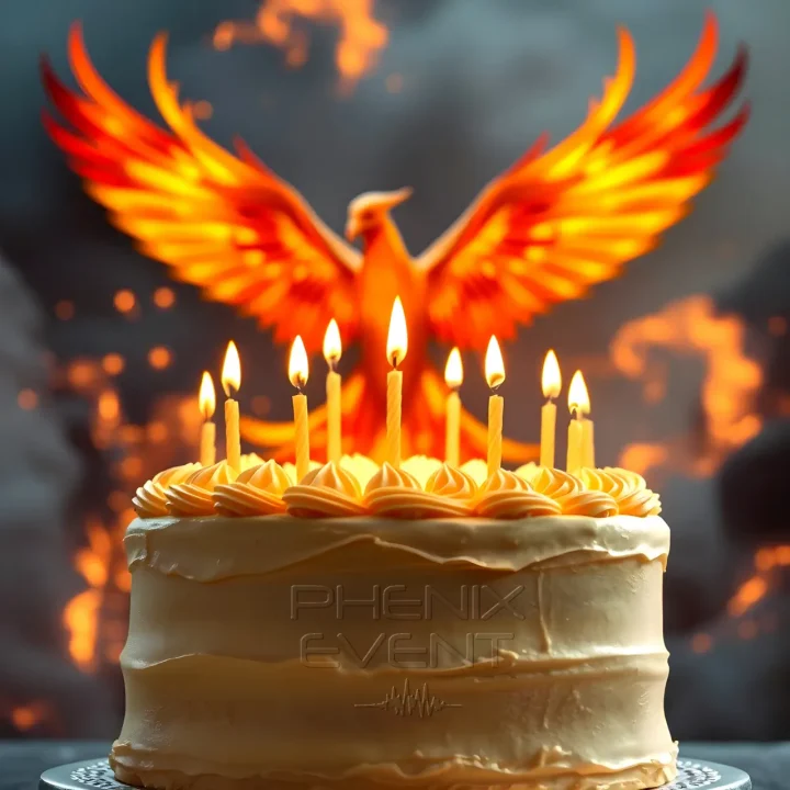 un gateau d'anniversaire avec bougies, un phenix en arrière-plan