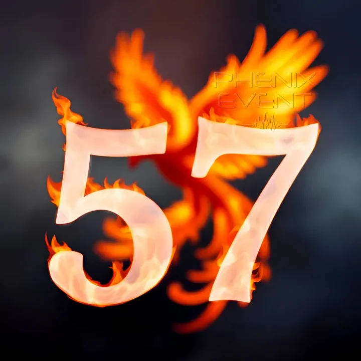 le nombre 57 avec un phenix en flamme en arrière-plan