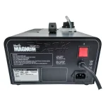 l'arrière de la martin magnum 650 où se trouvent le bouton on/off, la prise secteur, les specificités et les instructions de sécurité