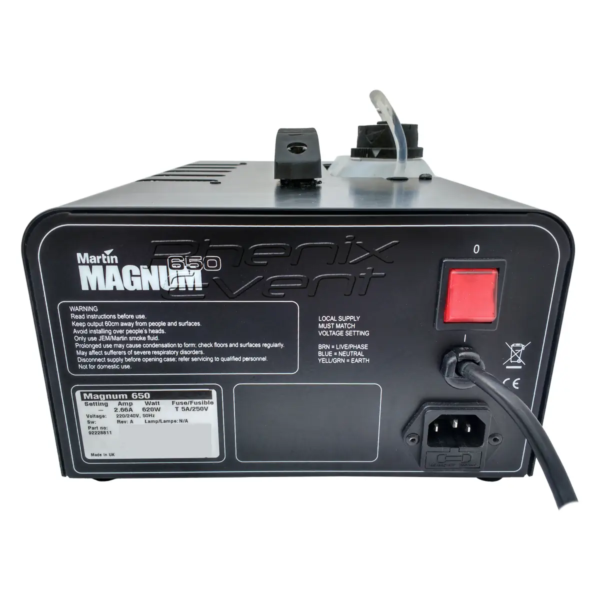 l'arrière de la martin magnum 650 où se trouvent le bouton on/off, la prise secteur, les specificités et les instructions de sécurité