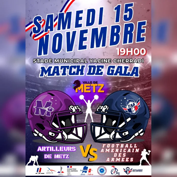 affiche du match de gala artilleurs de metz contre football americain des armées