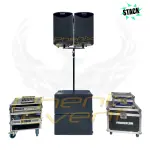 Pack Sono 2000w 12X212M STACK, vu de face, avec un rack d'amplificateur à sa gauche et des flight cases à sa droite