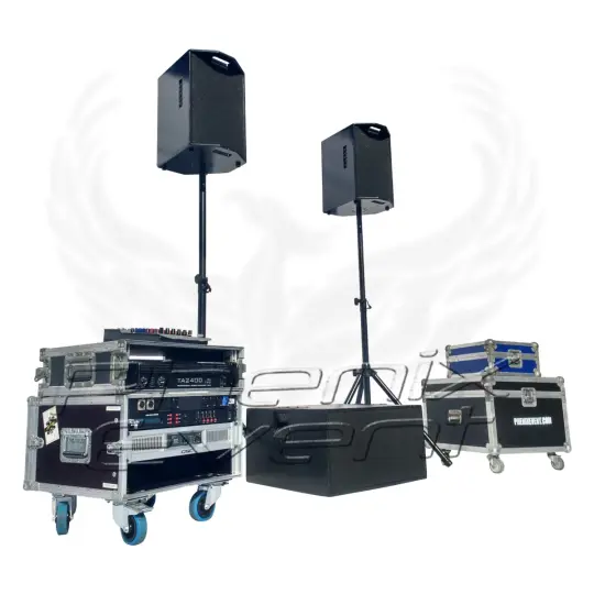 Pack Sono 1000w RMS 10X112M Phenix Event en location, constitué de deux enceintes 250w sur trépied et un caisson de basse 500w
