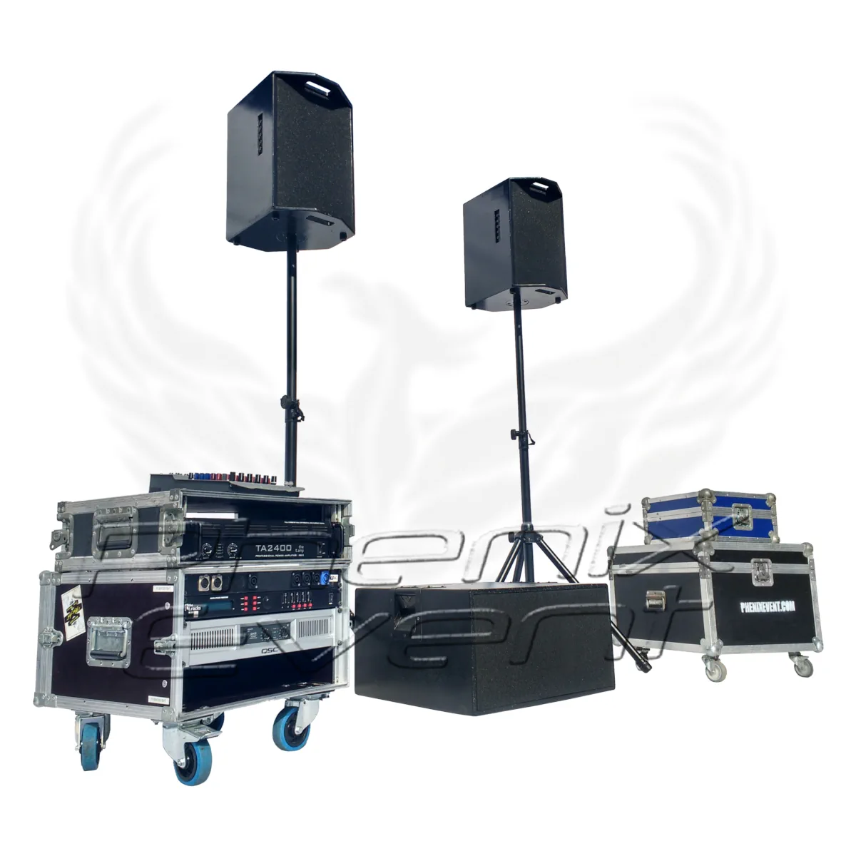Pack Sono 1000w RMS 10X112M Phenix Event en location, constitué de deux enceintes 250w sur trépied et un caisson de basse 500w