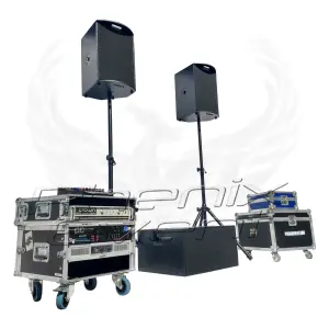 Pack Sono 1500w rms 12X112M Phenix Event PRO en location, constitué de 2 enceintes 12 pouces 500w sur trépied et un caisson de basses 500w