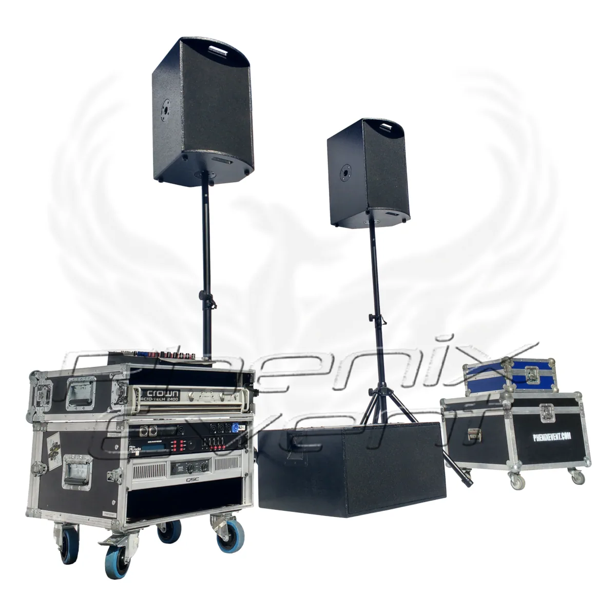 Pack Sono 1500w rms 12X112M Phenix Event PRO en location, constitué de 2 enceintes 12 pouces 500w sur trépied et un caisson de basses 500w