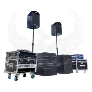 Sono 1900W RMS 10x410T en location constitué de deux enceintes sur trépied et quatre caissons de basses
