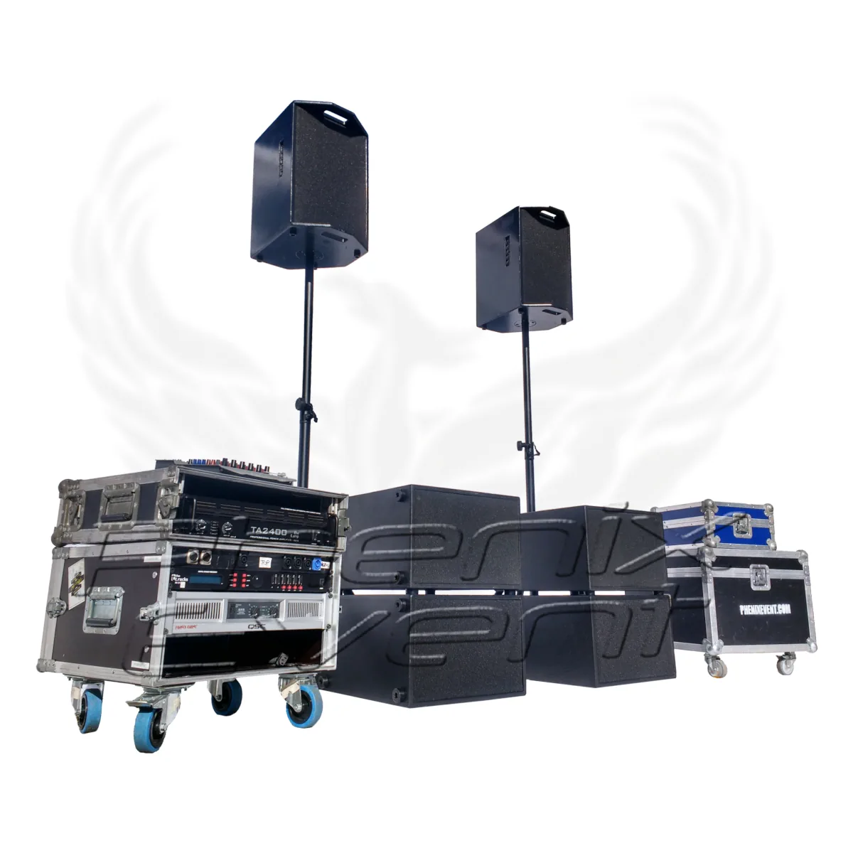 Sono 1900W RMS 10x410T en location constitué de deux enceintes sur trépied et quatre caissons de basses