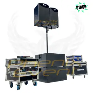 Pack Sono 2000w 12X212m STACK, composé de deux caissons de basses 500w empilés sur lesquels est fixée une barre de maintient soutenant deux enceintes 500w