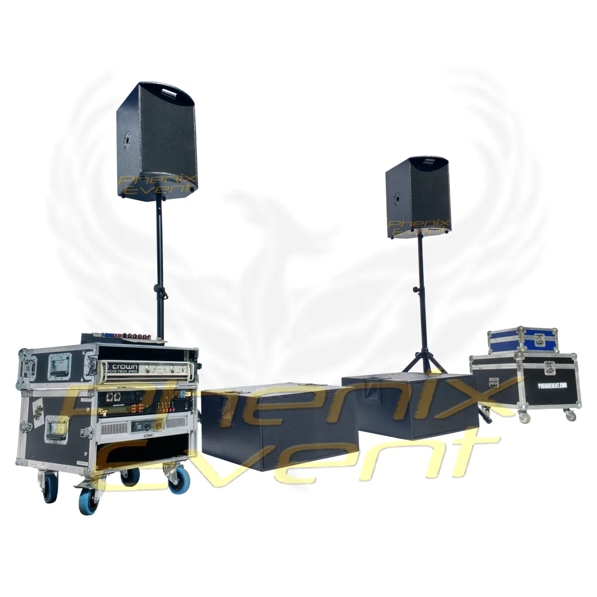 Pack Sono 2000w professionnel composé de deux enceintes 12 pouces 500w sur trépieds et deux caissons de basses 500w