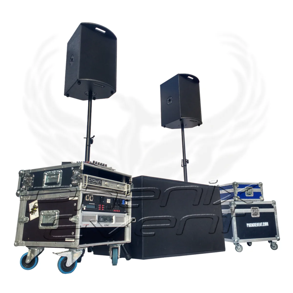 Pack Sono 2200w 12X118M à haut rendement Phenix Event avec deux enceintes 500w sur trépieds et un caisson de basses 1200w