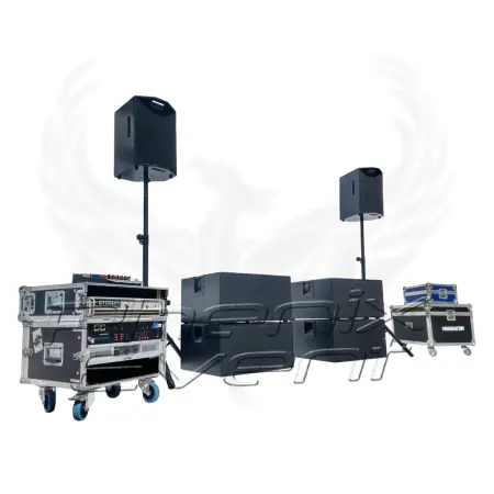 Pack Sono 2500w RMS en location, avec deux enceintes 250w sur trépieds et quatre caissons de basses 500w empilés