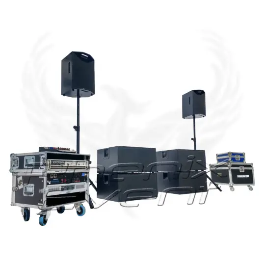 Pack Sono 2500w RMS en location, avec deux enceintes 250w sur trépieds et quatre caissons de basses 500w empilés