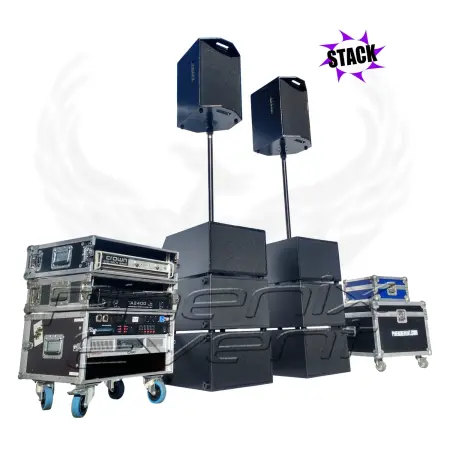 Pack Sono 2600w Stack 10X610T composé de six caissons de basses 350w empilés, des barres de suspension et deux enceintes 250w