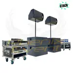 Pack Sono 3000w STACK compact en location composé de quatre caissons de basses 500w empilés, deux de barres de maintient et deux enceintes 500w.