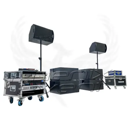 Pack Sono 3000w rms 12X412M Phenix Event en location muni de deux enceintes 500w sur trépieds et quatre caissons de basses 500w empilés.