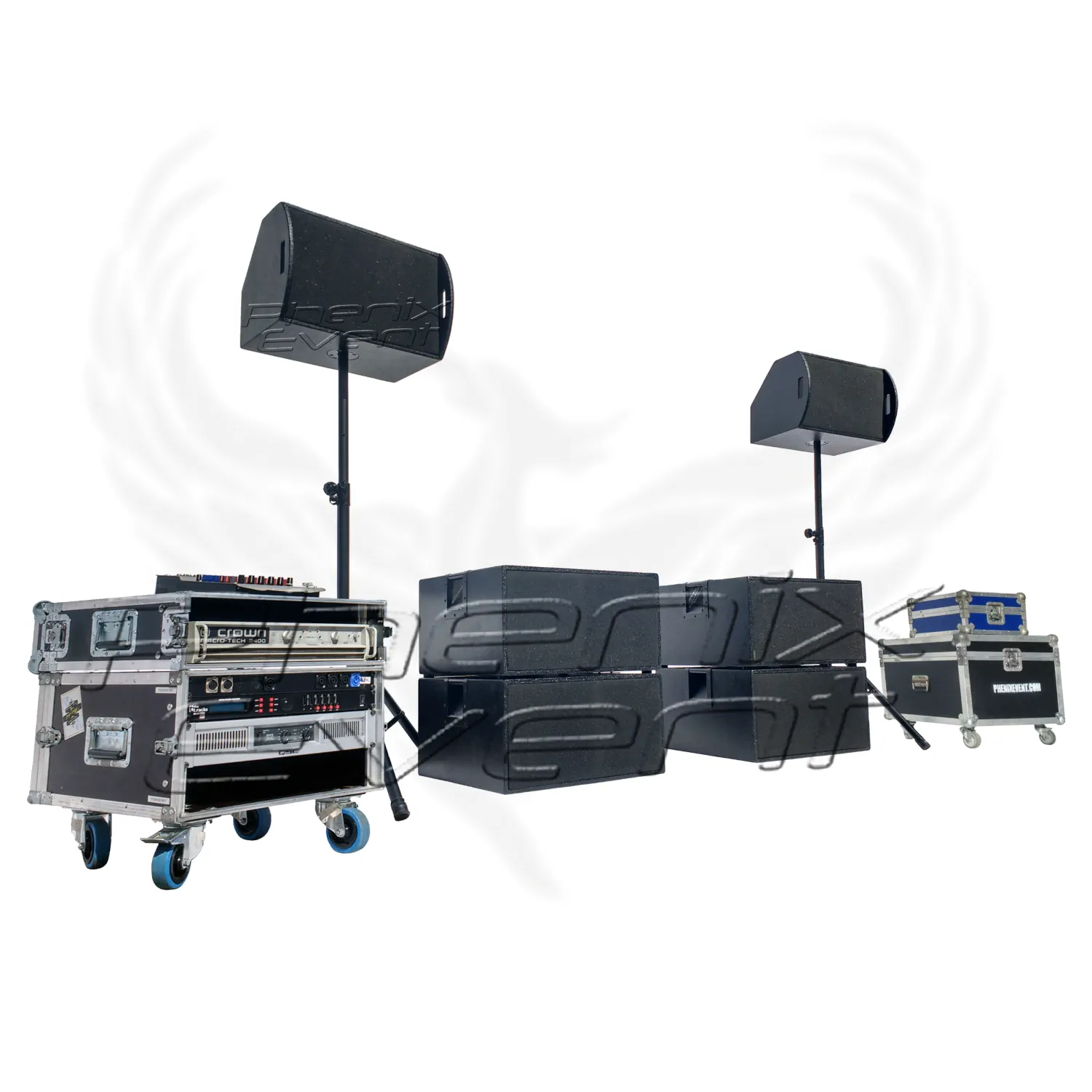 Pack Sono 3000w rms 12X412M Phenix Event en location muni de deux enceintes 500w sur trépieds et quatre caissons de basses 500w empilés.