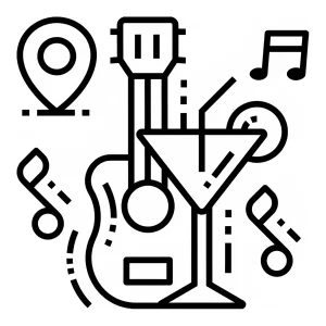 une guitare, un cocktail et des notes de musique