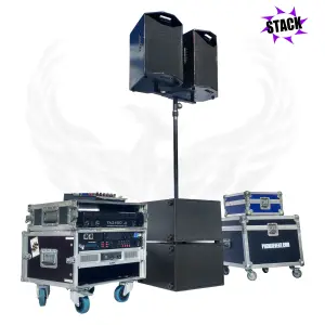 Pack Sono 1200w rms 10X210T STACK, avec deux caissons de basses 350w empilés et une barre soutenant deux enceintes 250w