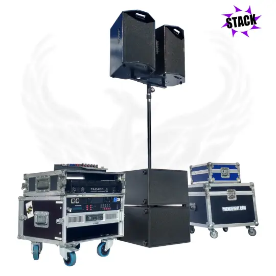 Pack Sono 1200w rms 10X210T STACK, avec deux caissons de basses 350w empilés et une barre soutenant deux enceintes 250w