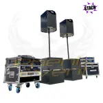Pack Sono 1900w rms 10x410t STACK composé de quatre caissons de basses 10 pouces sur lesquels sont fixés deux tubes qui soutiennent des enceintes 250w
