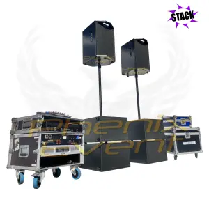 Pack Sono 1900w rms 10x410t STACK composé de quatre caissons de basses 10 pouces sur lesquels sont fixés deux tubes qui soutiennent des enceintes 250w