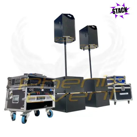Pack Sono 1900w rms 10x410t STACK composé de quatre caissons de basses 10 pouces sur lesquels sont fixés deux tubes qui soutiennent des enceintes 250w