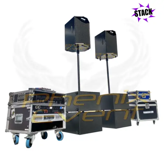 Pack Sono 1900w rms 10x410t STACK composé de quatre caissons de basses 10 pouces sur lesquels sont fixés deux tubes qui soutiennent des enceintes 250w