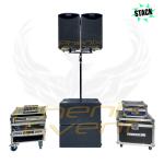 Sono 2000w 12X212M-STACK, vue de face, avec un rack d'amplificateur à sa gauche et des flight cases à sa droite