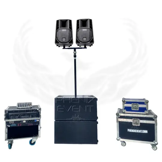 Pack sono 2400w rms 8X212m Stack, vu de face, comprenant 2 enceintes 700w placées sur un module multi-support, une barre de liaison et 2 caissons de basses 500w empilés.