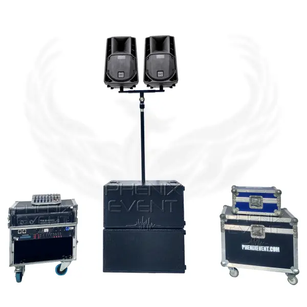 Pack sono 2400w rms 8X212m Stack, vu de face, comprenant 2 enceintes 700w placées sur un module multi-support, une barre de liaison et 2 caissons de basses 500w empilés.