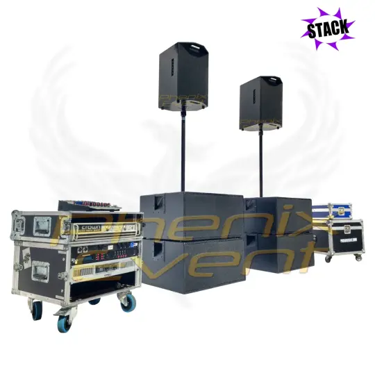 Sono 2500w STACK en location, avec 2 enceintes 250w soutenues par des barres fixées à des caisons de basses 500w