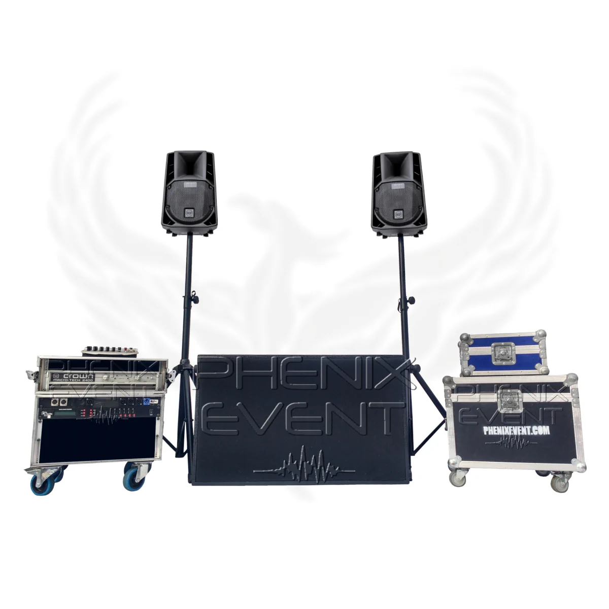 Pack Sono 2600w rms 8x118m phenix event, vu de face
