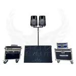 Sono 2600w rms 8X118m Stack Phenix Event, en location, vue de face, comprenant deux enceintes 8 pouces placées sur une barre avec support double. La barre est fixée à un caisson de basse 18 pouces.